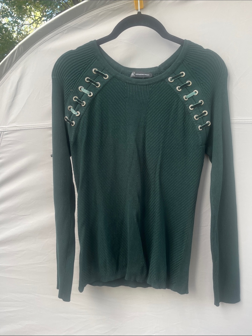 INC International Concepts Dark Green Lace-Up Shoulder Ribbed Sweater